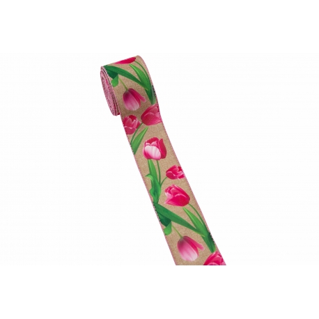WSTĄŻKA MATERIAŁOWA Z DRUCIKIEM ZE WZOREM "TULIPANY" 6,3cm/5yd