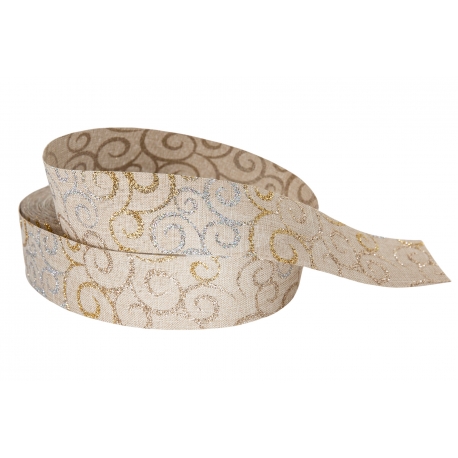WSTĄŻKA LNIANA Z BROKATEM ZE WZOREM "ORNAMENT" 4cm, 6cm, 8cm/10m