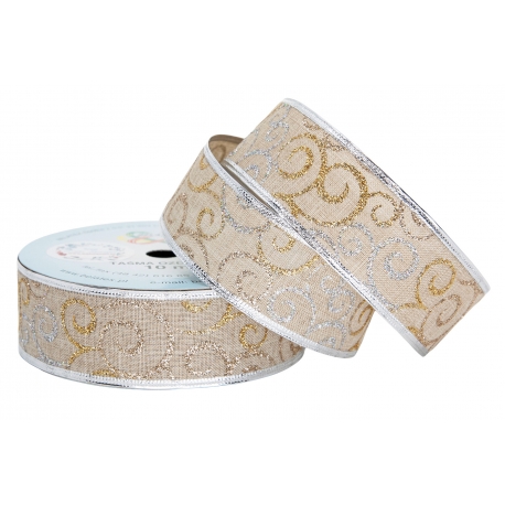 WSTĄŻKA LNIANA Z BROKATEM Z DRUCIKIEM ZE WZOREM "ORNAMENT" 4cm/10m