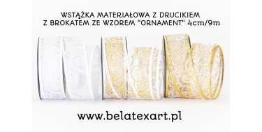 WSTĄŻKA MATERIAŁOWA Z DRUCIKIEM  Z BROKATEM ZE WZOREM "ORNAMENT" 4cm/9m