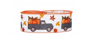 WSTĄŻKA MATERIAŁOWA Z DRUCIKIEM ZE WZOREM "JESIENNE AUTO Z DYNIAMI" 6,3cm/5yd