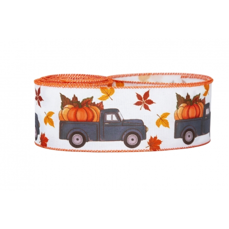 WSTĄŻKA MATERIAŁOWA Z DRUCIKIEM ZE WZOREM "JESIENNE AUTO Z DYNIAMI" 6,3cm/5yd