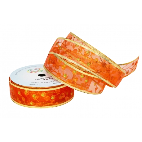 WSTĄŻKA MATERIAŁOWA Z DRUCIKIEM Z BROKATEM "GAŁĄZKA" 4cm/10m