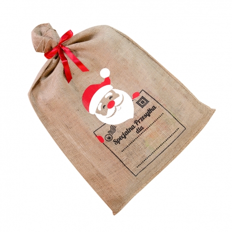 JUTOWY WOREK NA PREZENTY Z NADRUKIEM "MIKOŁAJ" 50cm/80cm