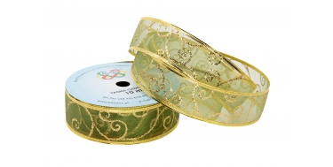 WSTĄŻKA MATERIAŁOWA Z DRUCIKIEM ZE WZOREM "BROKATOWY ORNAMENT" 4cm/10m