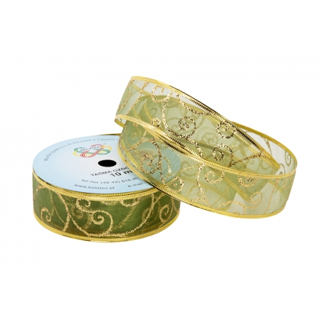 WSTĄŻKA MATERIAŁOWA Z DRUCIKIEM ZE WZOREM "BROKATOWY ORNAMENT" 4cm/10m