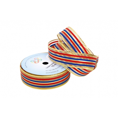 WSTĄŻKA TKANA METALICZNA "KOLOROWE PASKI" 4cm/10m