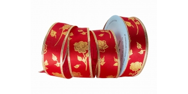 WSTĄŻKA MATERIAŁOWA Z DRUCIKIEM "RÓŻE" 4cm/10m