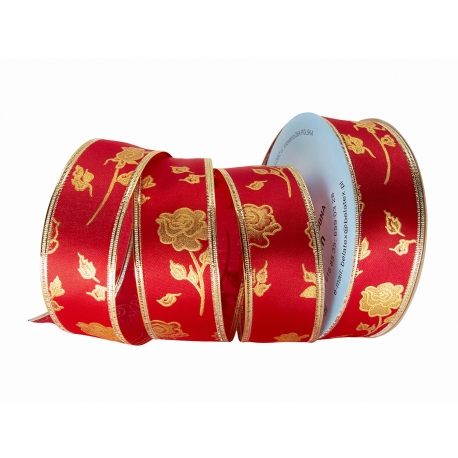 WSTĄŻKA MATERIAŁOWA Z DRUCIKIEM "RÓŻE" 4cm/10m