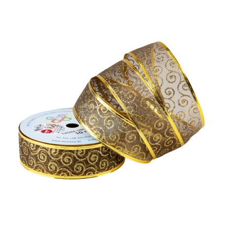 WSTĄŻKA MATERIAŁOWA Z DRUCIKIEM Z BROKATEM ZE WZOREM "ORNAMENT" 4cm/10m