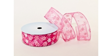 WIRED EDGE PRINTED FABRIC RIBBON WITH "MEDIUM OXEYE DAISY" PATTERN