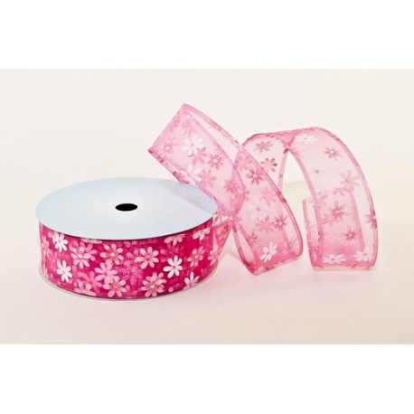 WIRED EDGE PRINTED FABRIC RIBBON WITH "MEDIUM OXEYE DAISY" PATTERN 4cm/10m