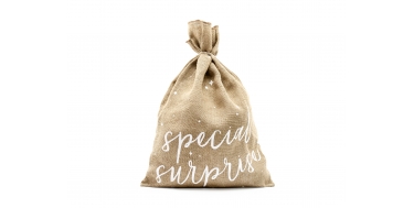 JUTOWY WOREK NA PREZENTY  Z NAPISEM "SPECIAL SURPRISE" 40cm/55cm