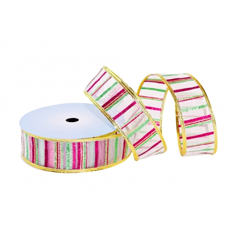 WIRED EDGE WOVEN METALLIC RIBBON WITH "CROSSWISE STRIPES" PATTERN 4cm/10m