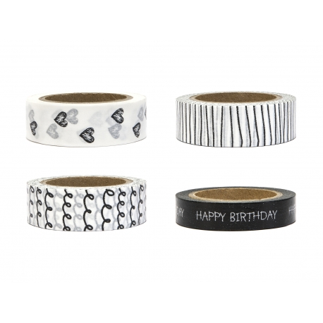 TAŚMA DEKORACYJNA WASHI TAPE CZARNA/BIAŁA 1opak./4szt.