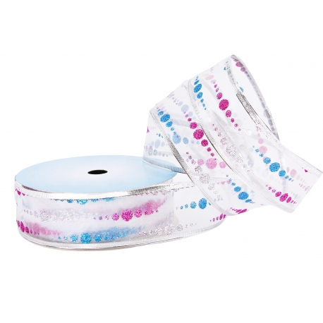 WIRED EDGE FABRIC RIBBON WITH "GLITTER DOTS" PATTERN 4cm/10m