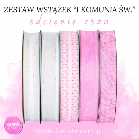 ZESTAW WSTĄŻEK "I KOMUNIA ŚW. ODCIENIE RÓŻU" 2cm/10m - 5 SZTUK