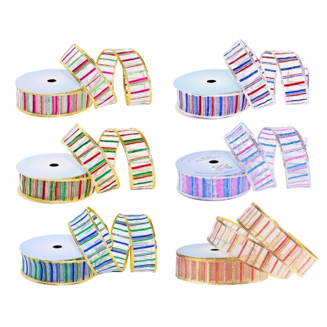WIRED EDGE WOVEN METALLIC RIBBON WITH "CROSSWISE STRIPES" PATTERN 4cm/10m
